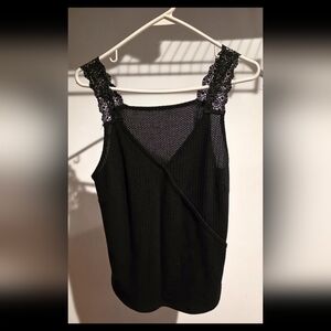 Chic Black Waffle Knit Wrap Top with Lace Crochet Straps